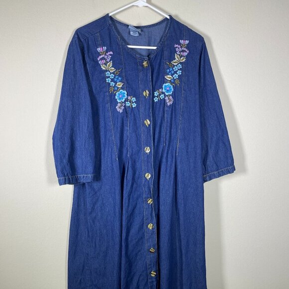 Blair Dresses & Skirts - Vintage 90s Blair Denim Maxi Dress Floral Embroidery Button Front A-Line Medium!